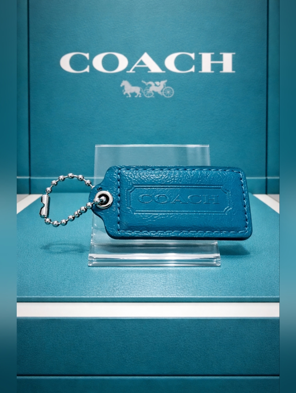 Coach Teal Leather Logo Tag Keychain